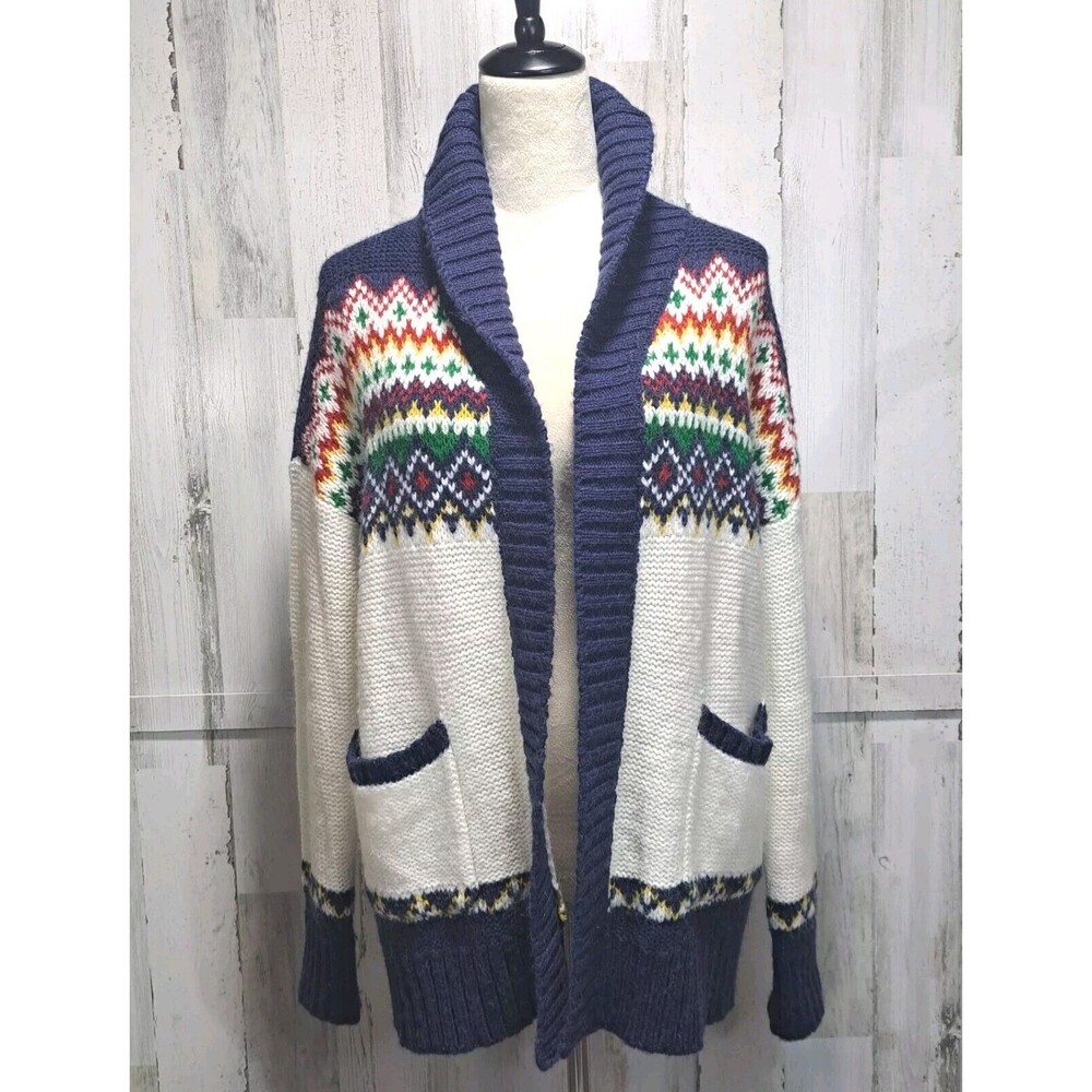 American Eagle Cardigan Women Sz S Chunky Knit Fair Isle Open Front Wool Mohair